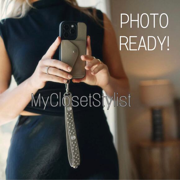 NWT BANDOLIER Crystal Studded Statement Wrist Strap NEW! silver greige leather - Picture 3 of 6